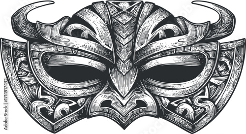 Intricate decorative mask design featuring ornate carvings and traditional cultural elements.