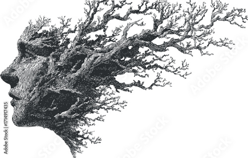 An artistic representation of a human face transforming into a tree with intricate branches.
