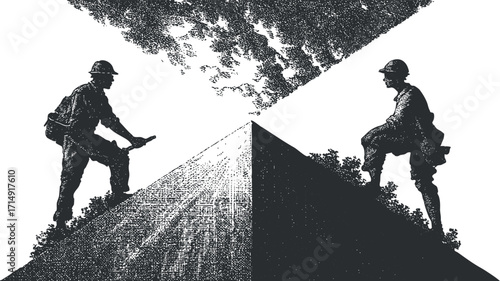 An abstract illustration depicting two soldiers on opposing sides of a triangular landscape.