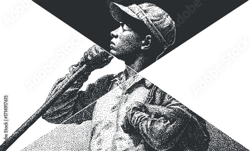 A vintage black and white illustration of a determined boy worker showcasing resilience and effort.