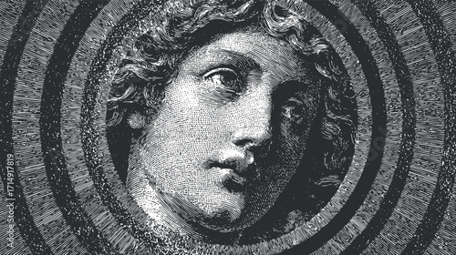 An intricate vintage engraving of a heavenly angelic face with decorative spirals.