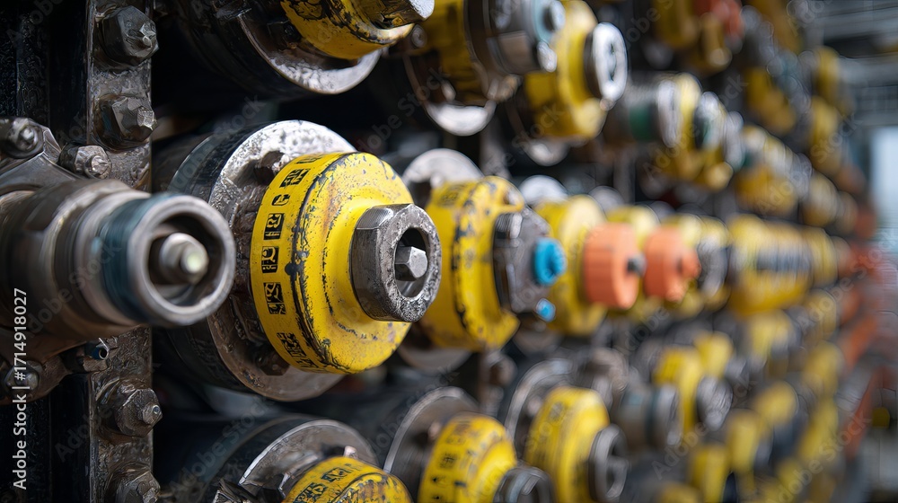 Obraz premium Intricate industrial machinery close up with yellow components and metallic textures