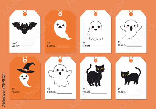 Cute Halloween gift tags collection with ghost, bat, witch hat, and black cat illustrations, printable spooky party decoration labels for kids and adults