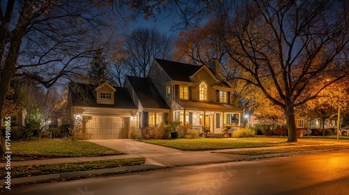 Illuminated suburban house at night with fall foliage and warm inviting glow from the windows and porch