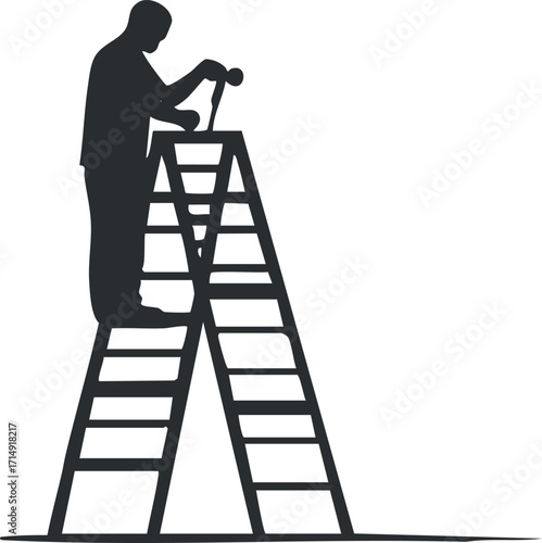 A silhouette of a worker standing on a ladder using a power tool for construction or repair.
