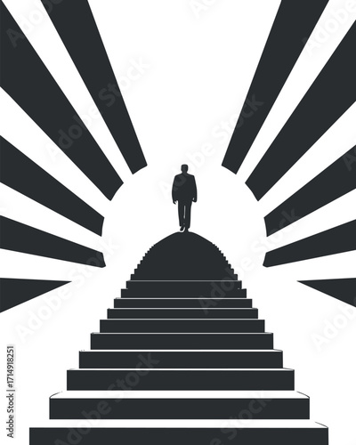 A silhouette of a man ascending stairs towards a bright light, symbolizing growth and success.