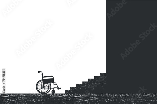 A minimalist illustration depicting a wheelchair beside a staircase symbolizing challenges in accessibility.