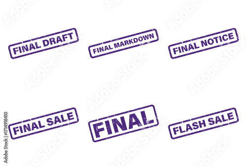 Six Violet Distressed Grunge Rubber Stamps on White Background Final Drafts