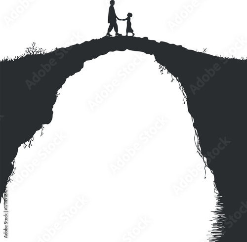 A silhouette of a parent and child walking hand in hand across a bridge above water.