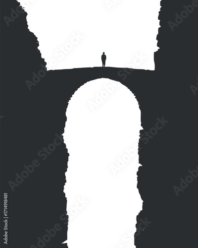 A solitary figure stands on a bridge arch, evoking themes of exploration and minimalism.