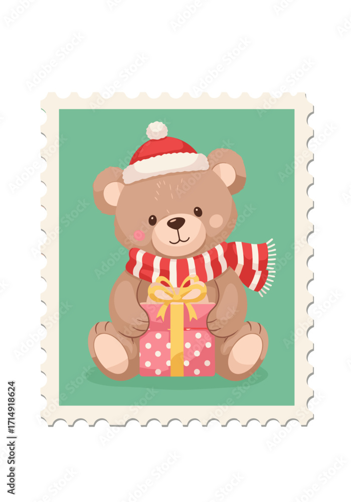 Naklejka premium christmas teddy bear, cute teddy bear, santa hat bear, holiday teddy, christmas gift, teddy with present, festive teddy, christmas illustration, holiday bear, adorable teddy, christmas stamp, festive