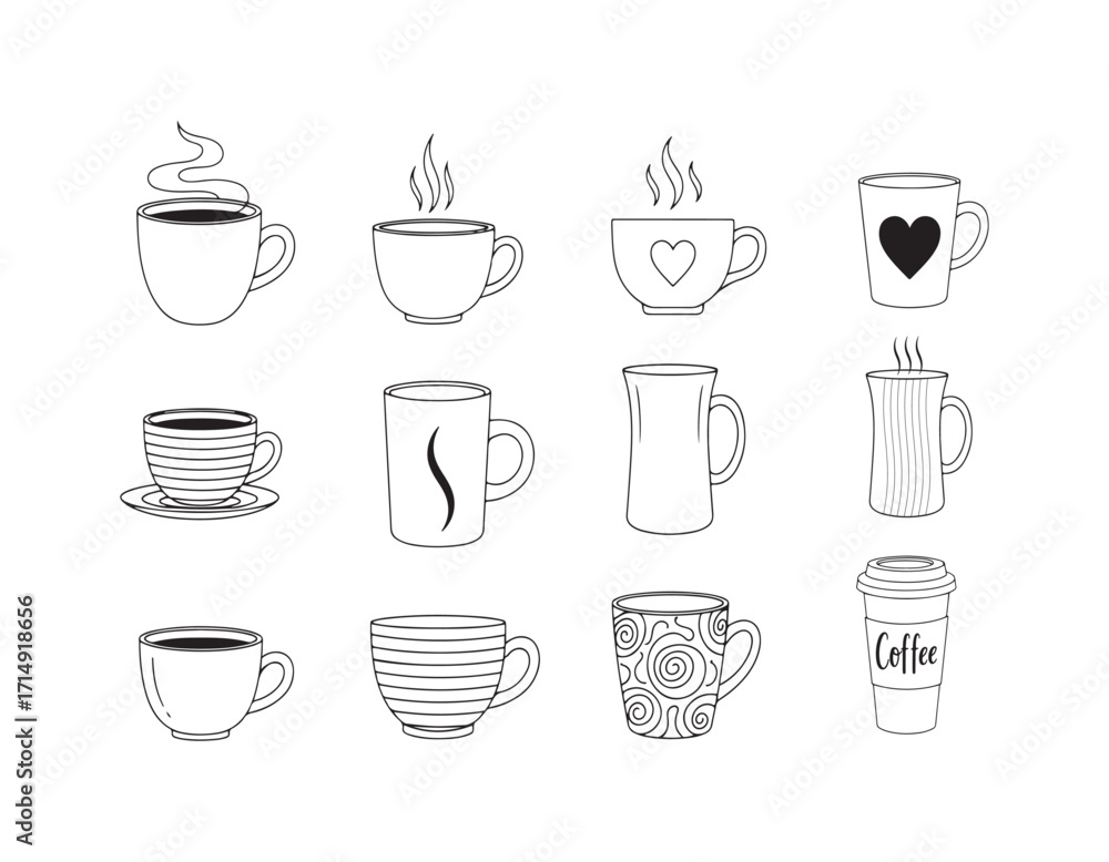 Obraz premium Coffee Collection Charming Array of Mugs Featuring Hearts Swirls and Classic Designs for Beverage Enthusiasts