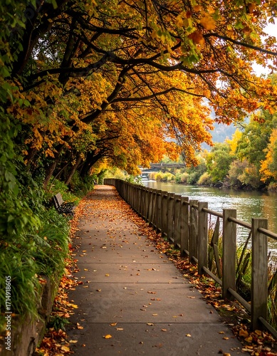Autumnal walkway by river