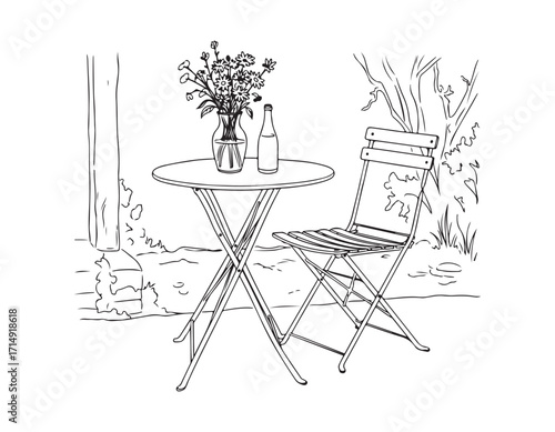 Elegant Outdoor Still Life Featuring Flowers in a Vase, a Bottle, a Bistro Table, and a Folding Chair