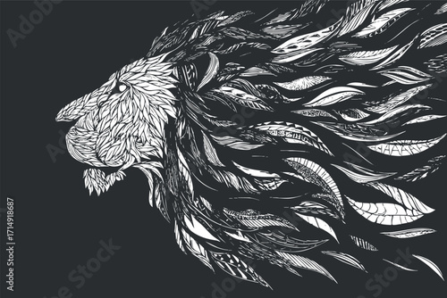 Stylized black and white illustration of a lion with flowing mane made of leaves.