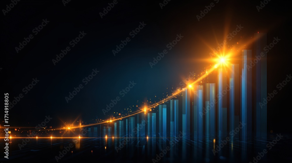Obraz premium Glowing bar graph showing financial growth and success on a dark background with an upward trending arrow