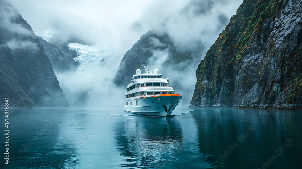 Fototapeta premium Cruise ship navigating through misty fjords with towering cliffs