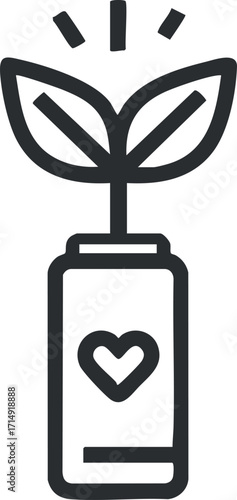 A minimalistic illustration of a plant growing from a bottle symbolizing sustainability and care for the environment.