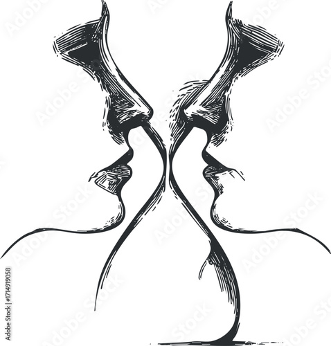Abstract illustration of two faces in profile engaging in conversation and communication.