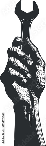 A hand gripping a wrench symbolizing repair and mechanical work in a monochrome style.