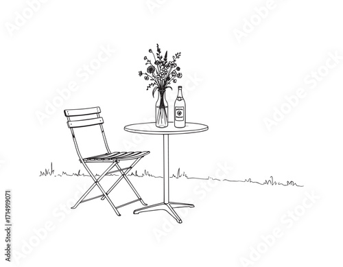 A Peaceful Outdoor Setting Table Chair Flowers and Refreshments Create a Relaxing Ambiance Simple Line Art