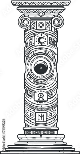 Ornate ancient column design featuring intricate patterns and symbolic elements in a vintage style.