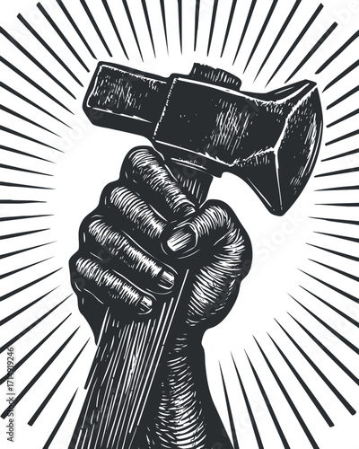 A powerful hand gripping a hammer symbolizes strength and determination in craftsmanship and labor.