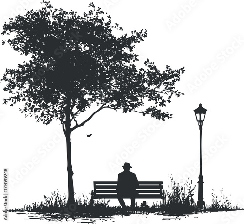 A tranquil silhouette scene featuring a man sitting on a bench under a tree beside a lamp post.