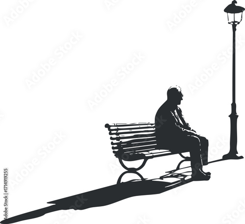 A silhouette of a man sitting alone on a bench under a streetlight in black and white.