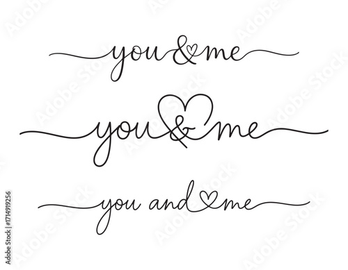 Elegant Calligraphy Depicting Affectionate Phrases You and Me with Varied Heart Accents in a Minimalist Design