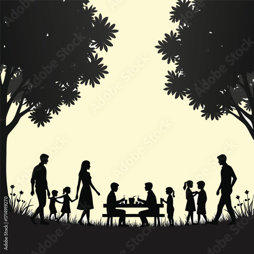 Silhouette family picnic under trees on pale yellow background