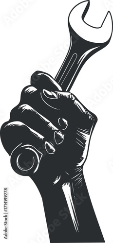A strong hand holding a wrench symbolizing repair and mechanical work in various industries.