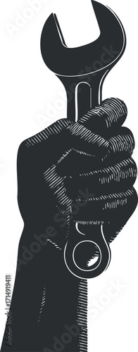 A hand gripping a wrench, symbolizing repair and mechanical work in a vintage style.