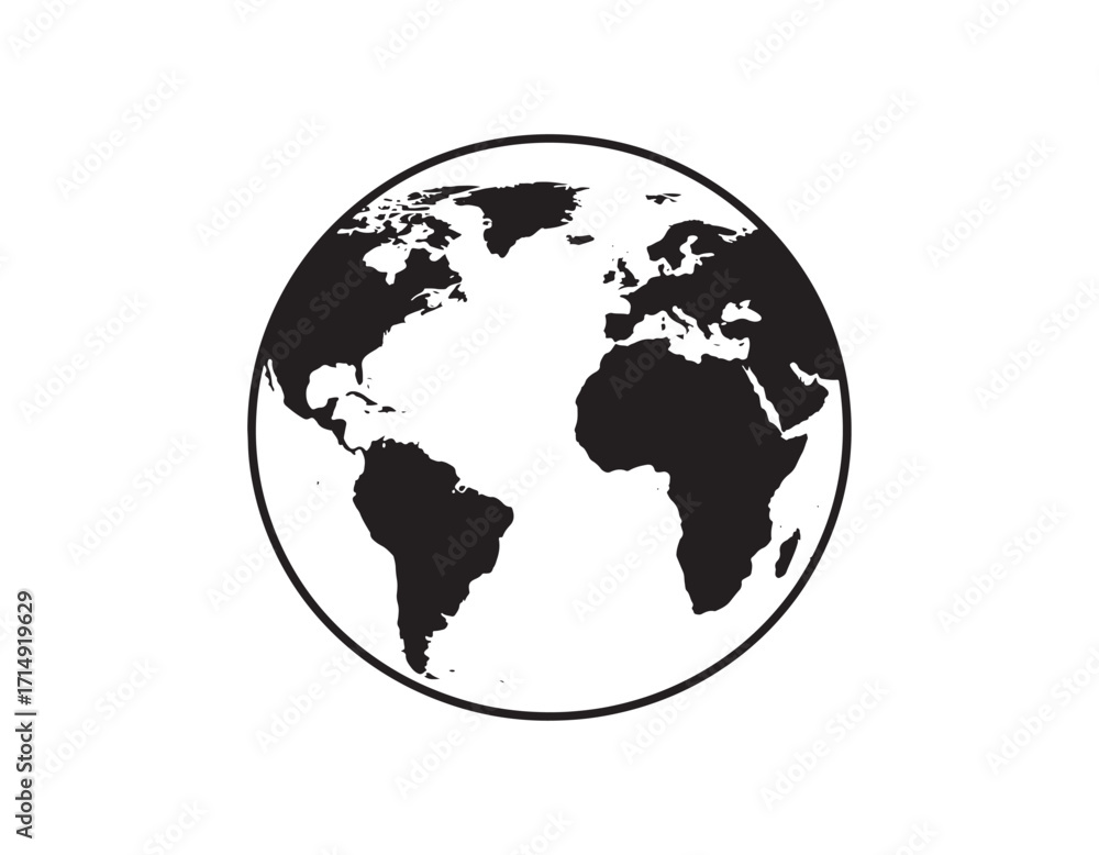 Naklejka premium Monochromatic World Globe Depicting Continents and Earth's Landmasses in a Simple, Yet Bold Style Illustration on a White Backdrop