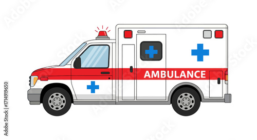 White and Red Ambulance Vehicle with Emergency Lights and Blue Crosses.