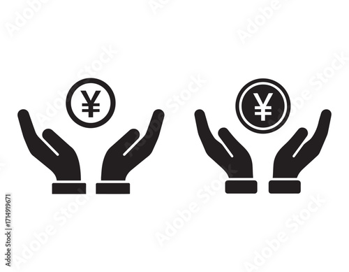 Yen currency sign displayed above open hands showing prosperity and monetary appreciation in a simple and minimal art style