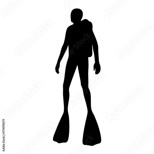 Silhouette of Scuba Diver with Fins Icon-Black silhouette of a scuba diver wearing fins and oxygen tank isolated on white background, symbolizing diving, underwater exploration, and adventure.