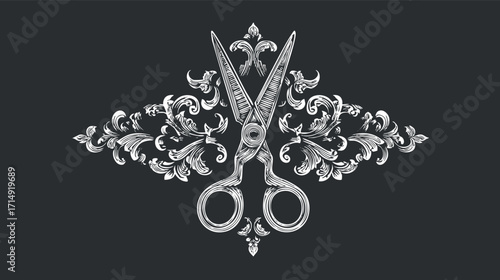 Vintage ornate scissors illustration with decorative floral elements for hairdressing or tailoring.