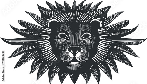 Stylized lion head illustration featuring intricate line patterns and tropical elements.