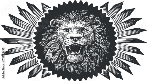 A vintage black and white illustration of a roaring lion head surrounded by a sunburst design.