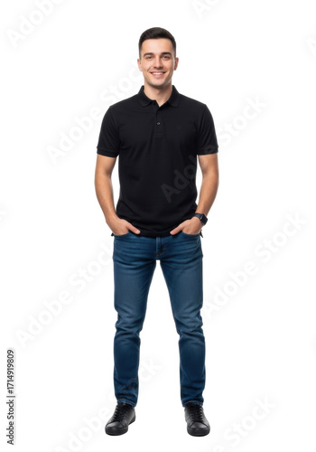 Young caucasian man 20s, dark hair, confident smile, black polo shirt, dark jeans, watch, hands in pockets, transparent studio. E-commerce apparel concept