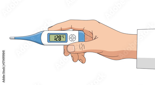 Hand Holding Digital Thermometer Displaying Elevated Temperature Reading.
