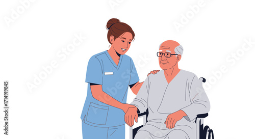 Caring Nurse Assists Elderly Man in Wheelchair with Gentle Touch.