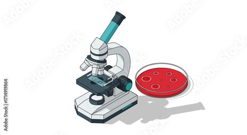 An illustration of a laboratory microscope and a petri dish with bacterial culture on red agar.