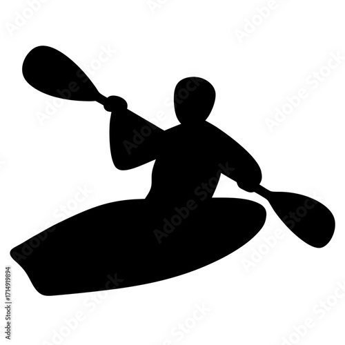 Silhouette of kayaker paddling in boat-Black silhouette icon of a person kayaking with double paddle, symbolizing water sports, adventure, recreation, and outdoor activity.