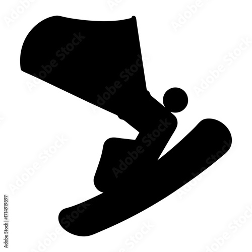Silhouette of person snowkiting with board-Black silhouette icon of a person riding a board with a kite sail, symbolizing snowkiting, extreme sports, adventure, and winter recreation.