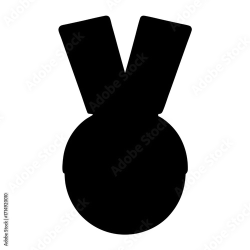 Silhouette of medal with ribbon icon-Black silhouette illustration of a round medal hanging from a ribbon, representing achievement, award, victory, or sports competition.