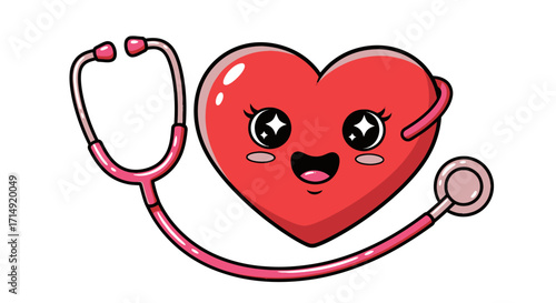 Cute red cartoon heart character with a smiling face and a pink stethoscope.