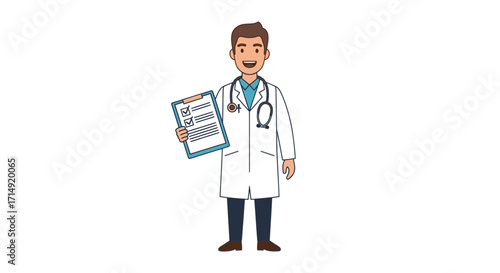 Cheerful Male Doctor in White Coat Holding Medical Chart and Stethoscope.