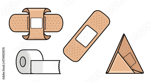 Various Medical Bandages and Adhesive Tape for First Aid and Wound Care.